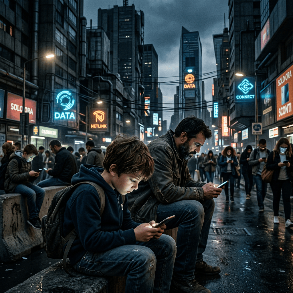 Bambino e padre chini sul telefono in città distopica